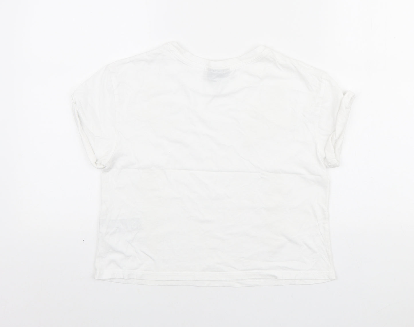 Topshop Womens White Cotton Cropped T-Shirt Size 6 Round Neck - Embroidered Flowers