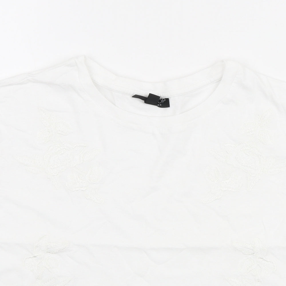 Topshop Womens White Cotton Cropped T-Shirt Size 6 Round Neck - Embroidered Flowers