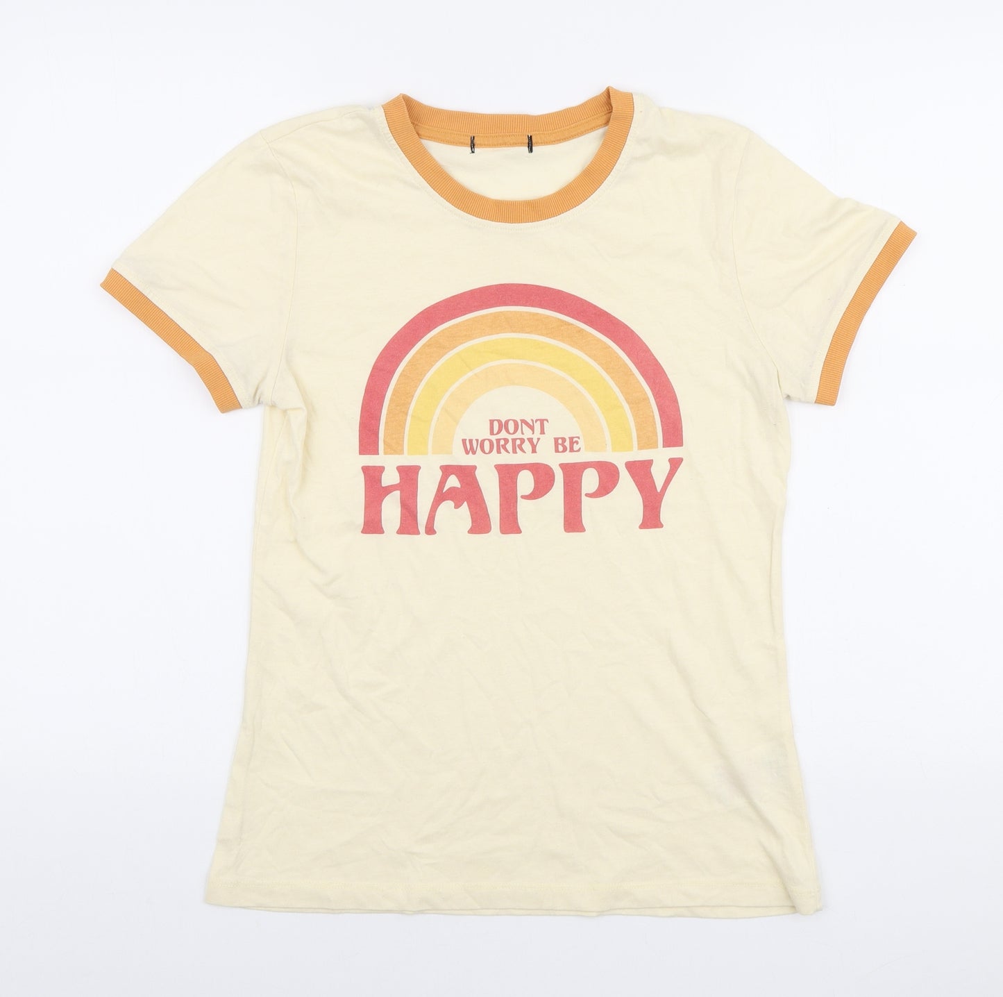 Preworn Womens Yellow Polyester Basic Polo Size M Round Neck - Don't worry be happy
