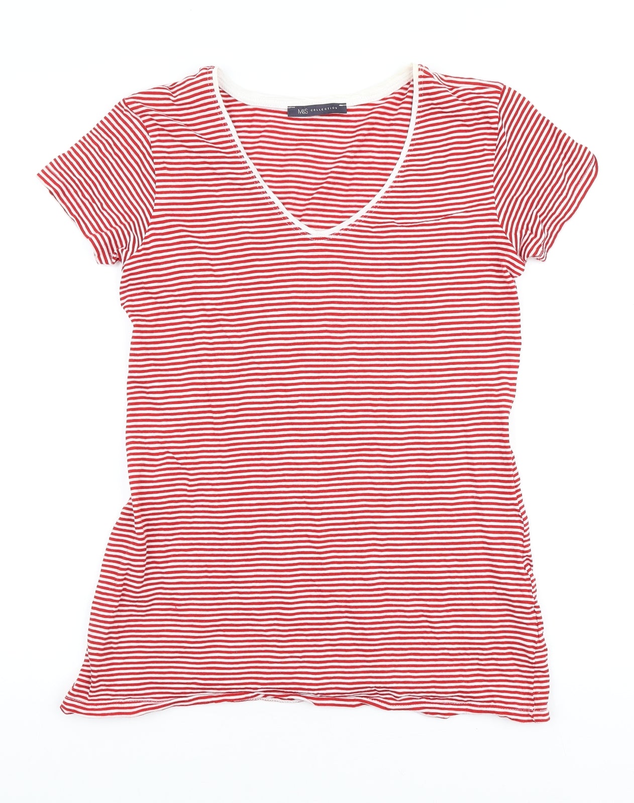 Marks and Spencer Womens Red Striped Cotton Basic T-Shirt Size 12 V-Neck
