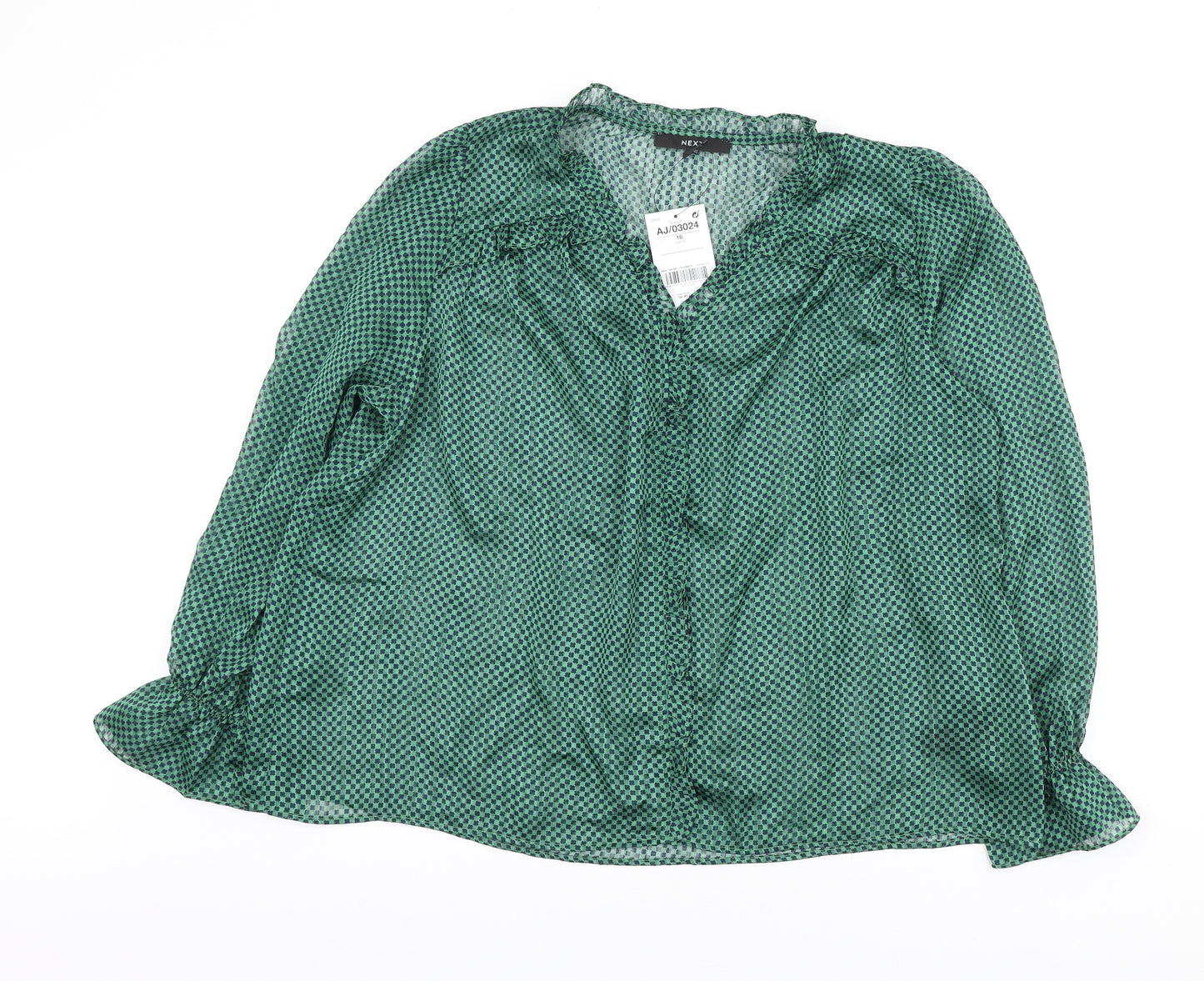 NEXT Womens Green Geometric Polyester Basic Blouse Size 16 V-Neck - Frill Detail