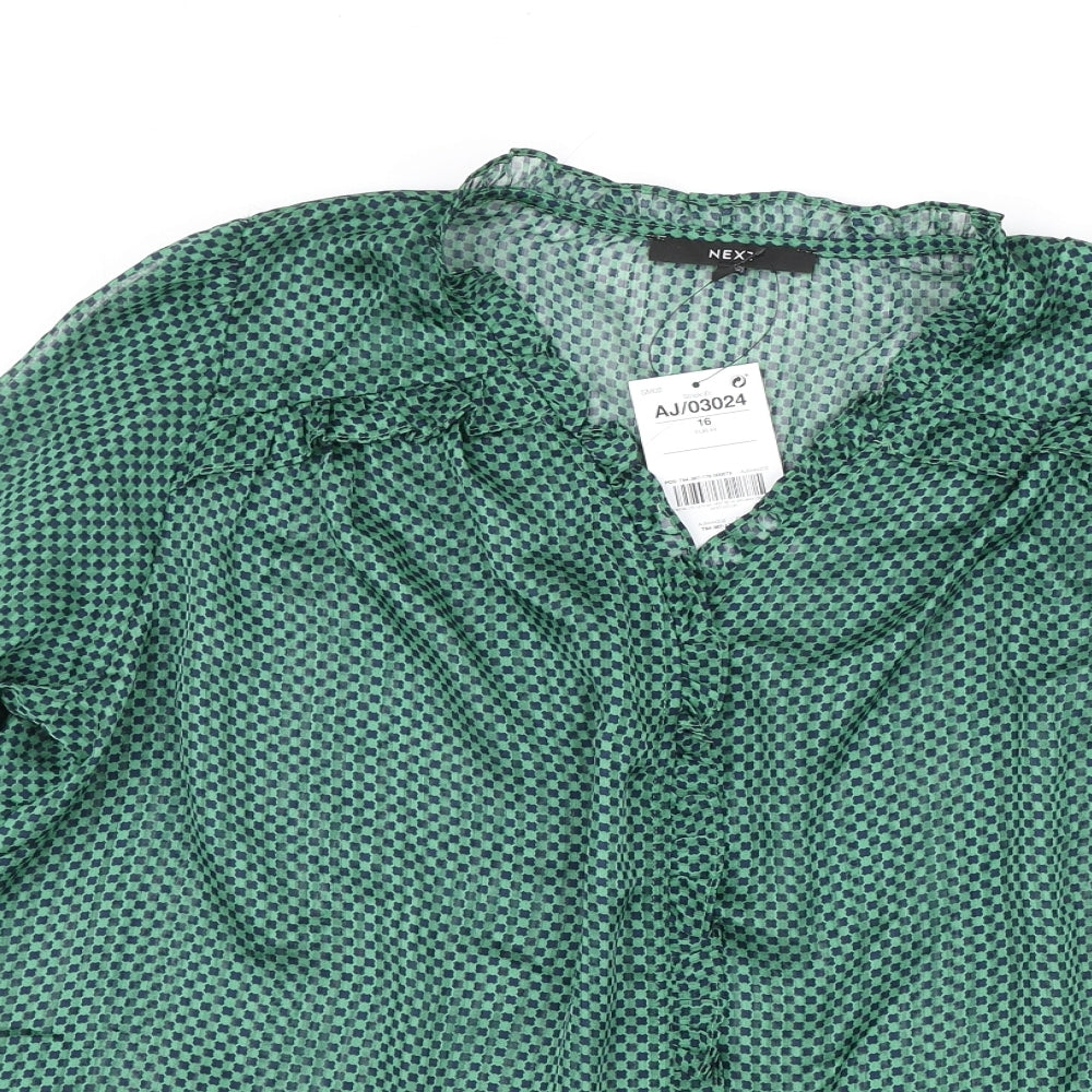 NEXT Womens Green Geometric Polyester Basic Blouse Size 16 V-Neck - Frill Detail