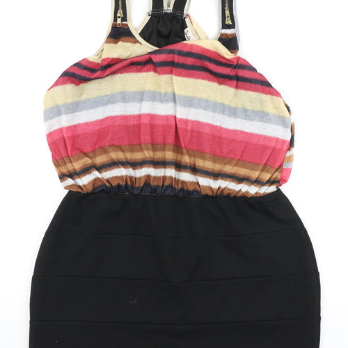 Dwtk Fashion Womens Black Striped Rayon Bodycon Size XL Round Neck - Zip Detail
