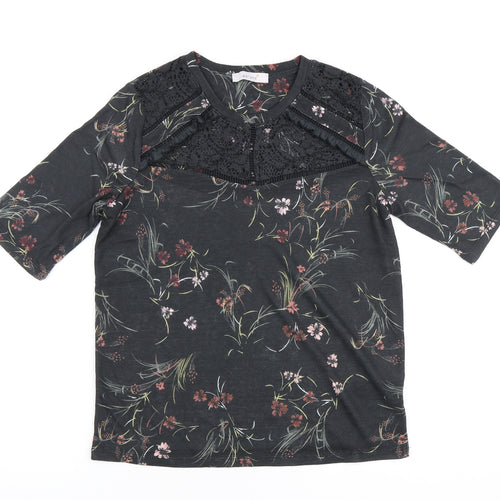 Marks and Spencer Womens Black Floral Polyester Basic Polo Size 12 Round Neck - Lace Collar detail