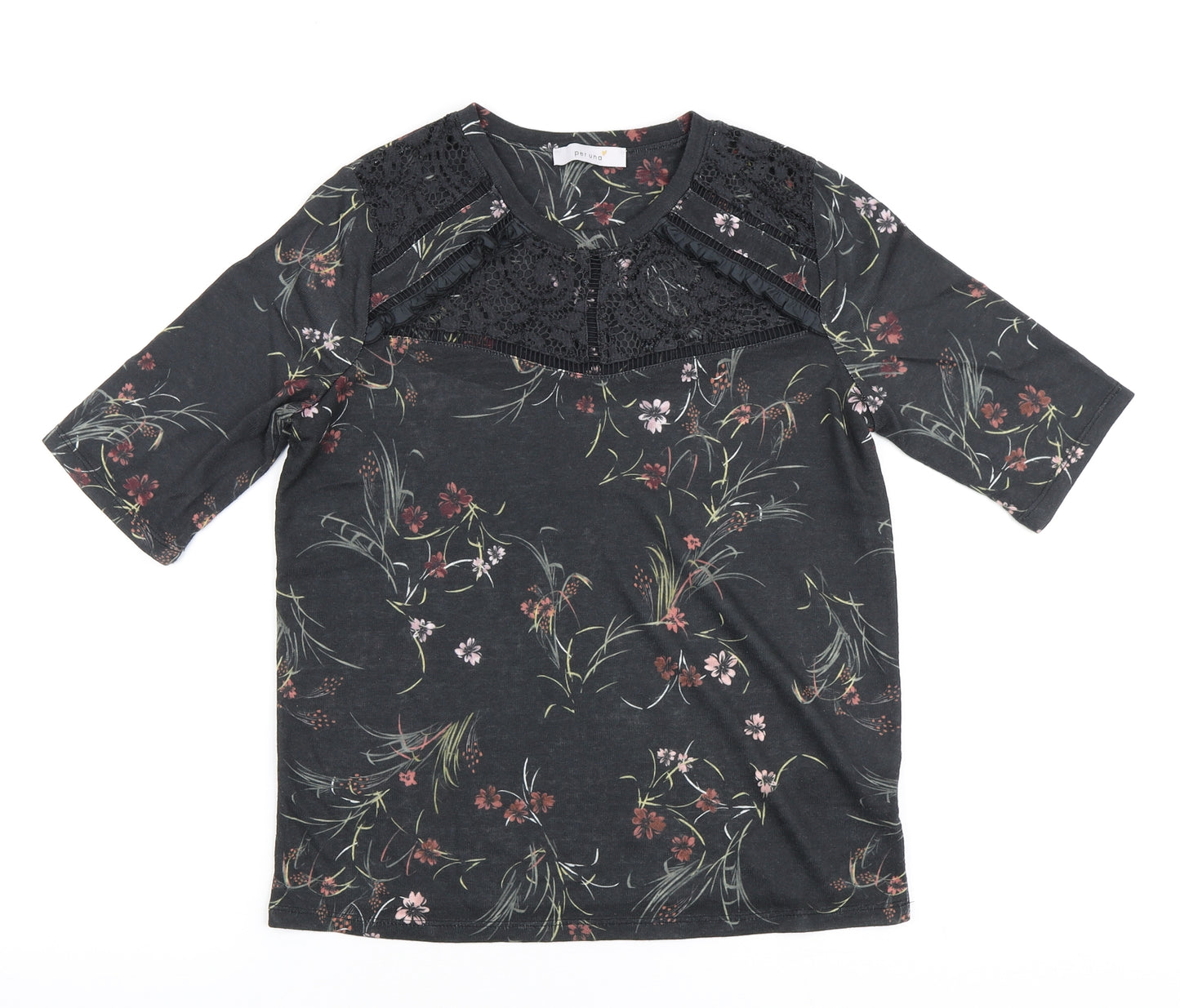 Marks and Spencer Womens Black Floral Polyester Basic Polo Size 12 Round Neck - Lace Collar detail