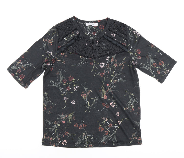 Marks and Spencer Womens Black Floral Polyester Basic Polo Size 12 Round Neck - Lace Collar detail