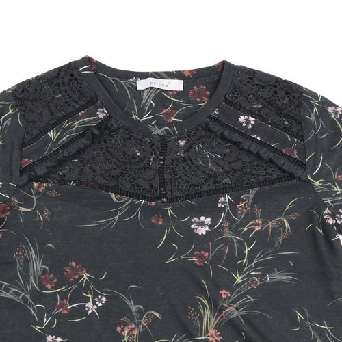 Marks and Spencer Womens Black Floral Polyester Basic Polo Size 12 Round Neck - Lace Collar detail