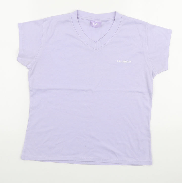 LA Gear Womens Purple Cotton Basic T-Shirt Size 14 V-Neck