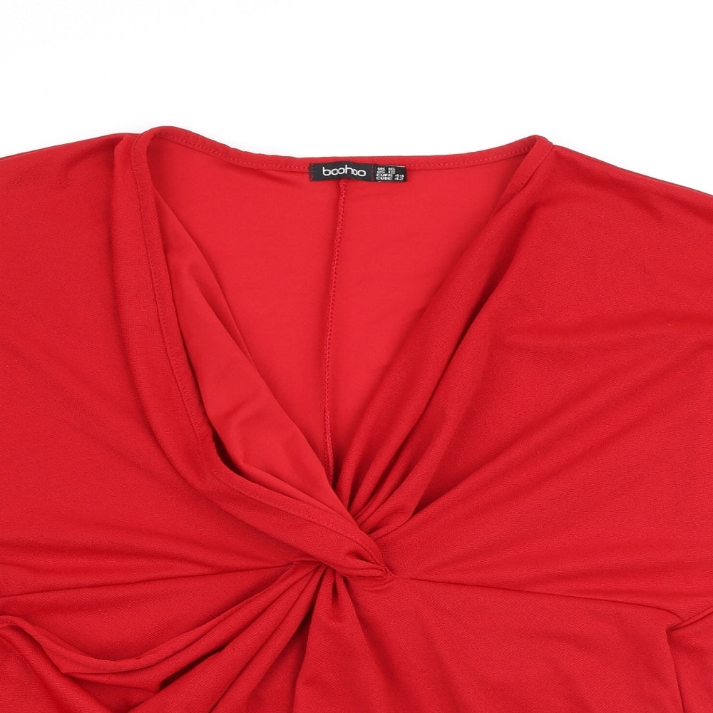 Boohoo Womens Red Polyester Wrap T-Shirt Size 16 V-Neck - Ruched Detail