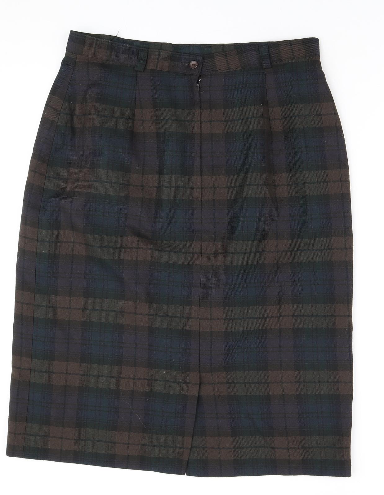 Preworn Womens Green Plaid Polyester Straight & Pencil Skirt Size 18 Zip