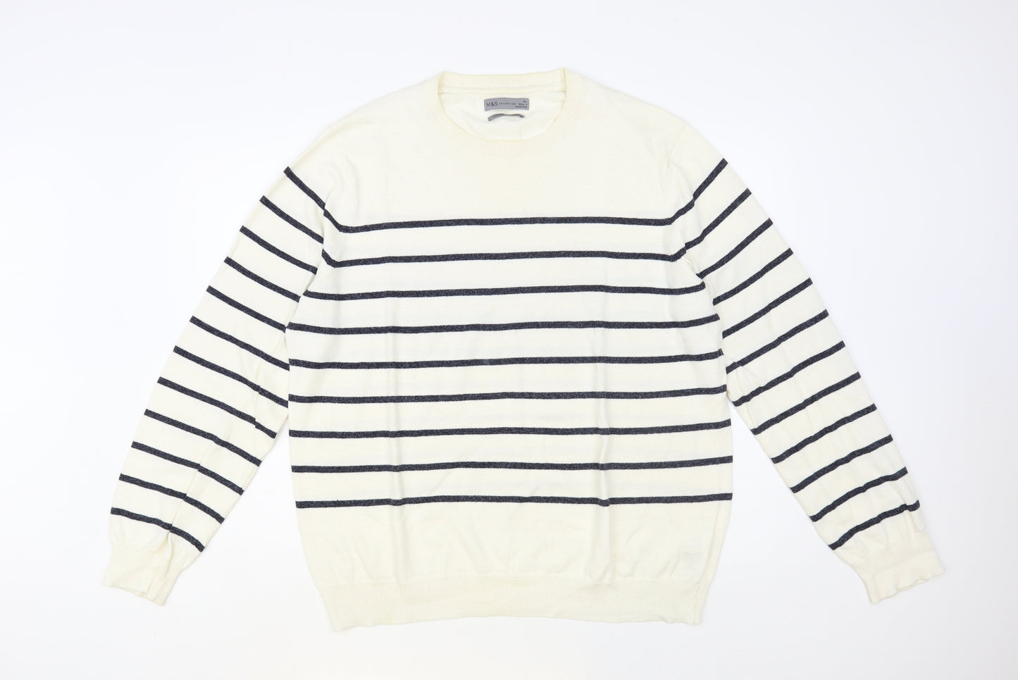 Marks and Spencer Mens White Crew Neck Striped Cotton Pullover Jumper Size XL