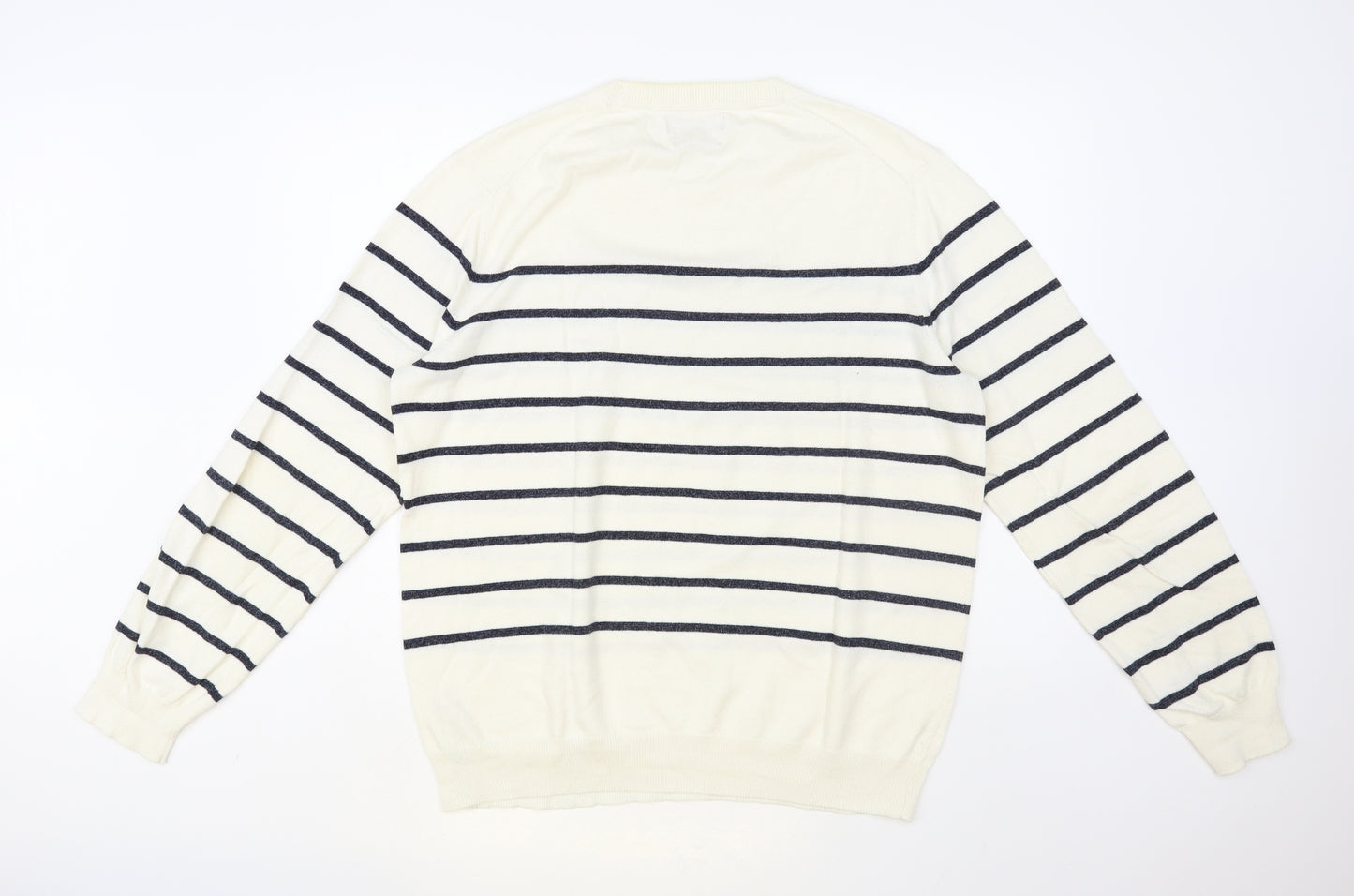 Marks and Spencer Mens White Crew Neck Striped Cotton Pullover Jumper Size XL