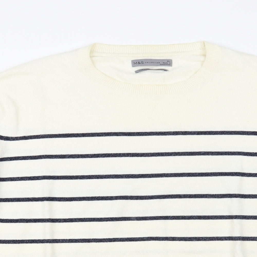 Marks and Spencer Mens White Crew Neck Striped Cotton Pullover Jumper Size XL