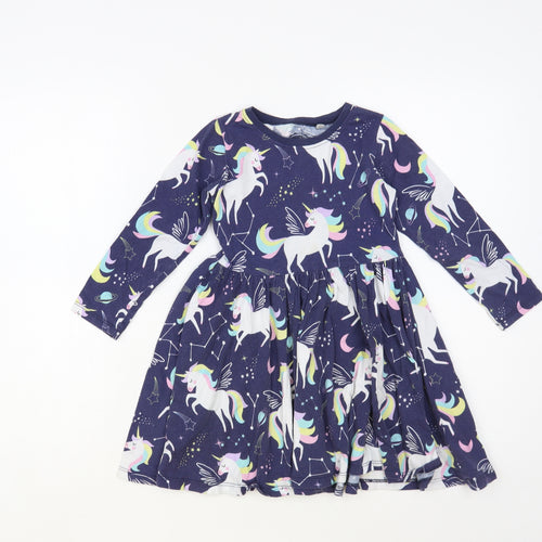 Blue Zoo Girls Blue Geometric Cotton Fit & Flare Size 5-6 Years Crew Neck Pullover - Unicorn Pattern