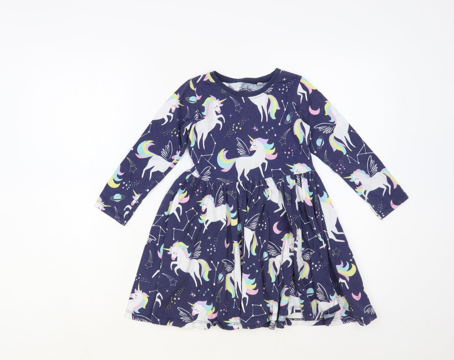 Blue Zoo Girls Blue Geometric Cotton Fit & Flare Size 5-6 Years Crew Neck Pullover - Unicorn Pattern