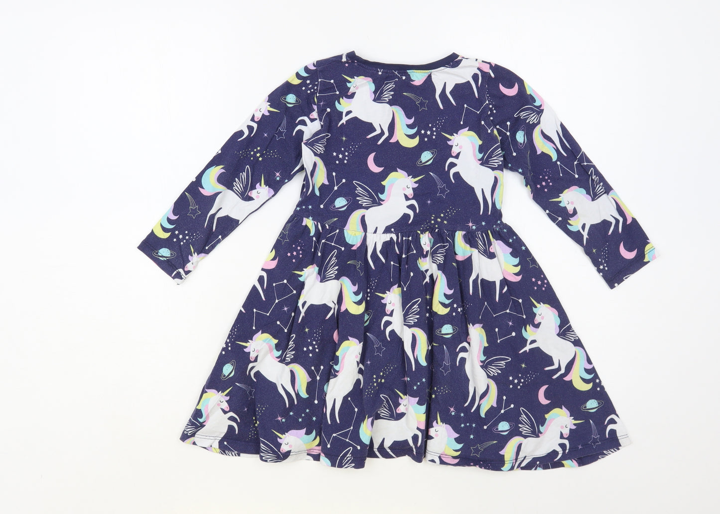Blue Zoo Girls Blue Geometric Cotton Fit & Flare Size 5-6 Years Crew Neck Pullover - Unicorn Pattern