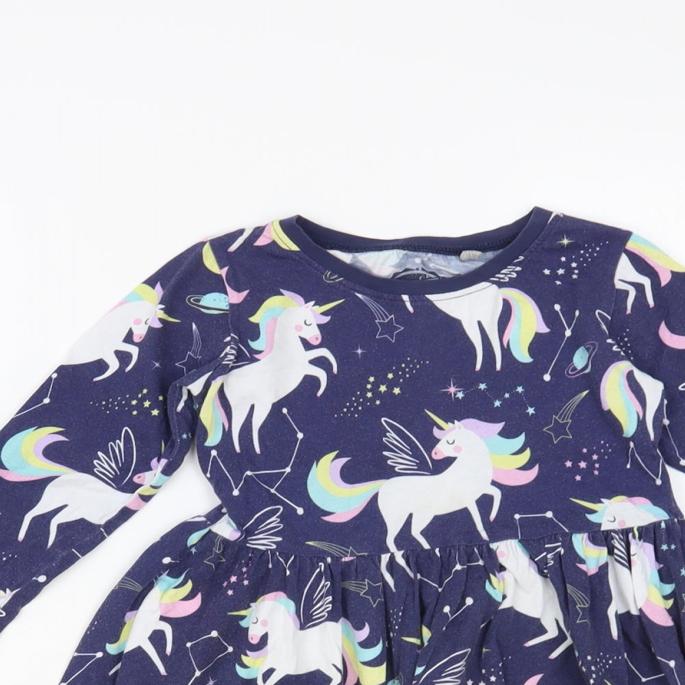 Blue Zoo Girls Blue Geometric Cotton Fit & Flare Size 5-6 Years Crew Neck Pullover - Unicorn Pattern