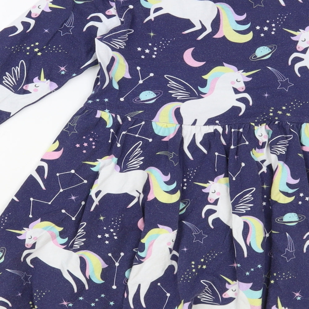 Blue Zoo Girls Blue Geometric Cotton Fit & Flare Size 5-6 Years Crew Neck Pullover - Unicorn Pattern