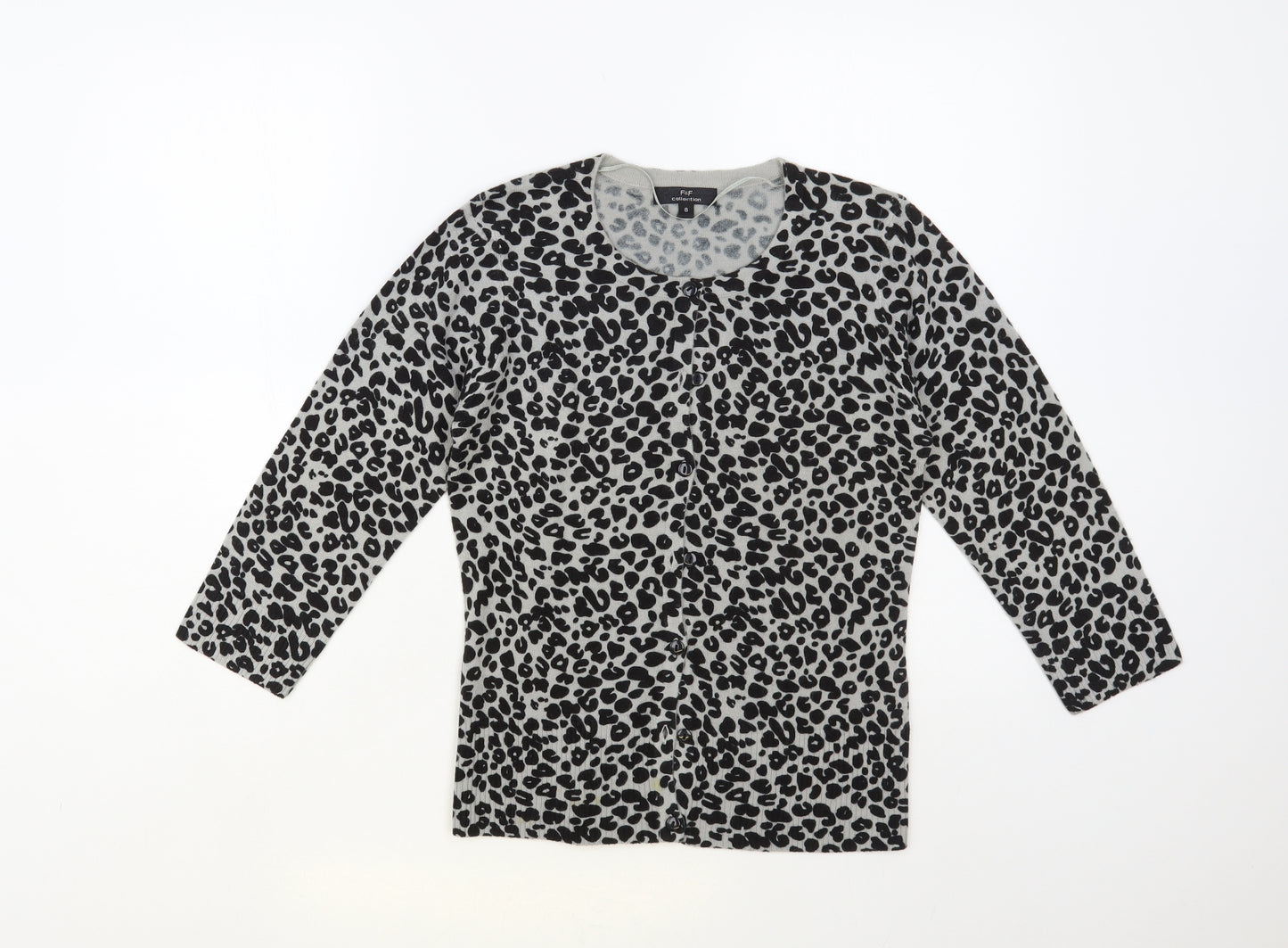 F&F Womens Black Round Neck Animal Print Acrylic Cardigan Jumper Size 8