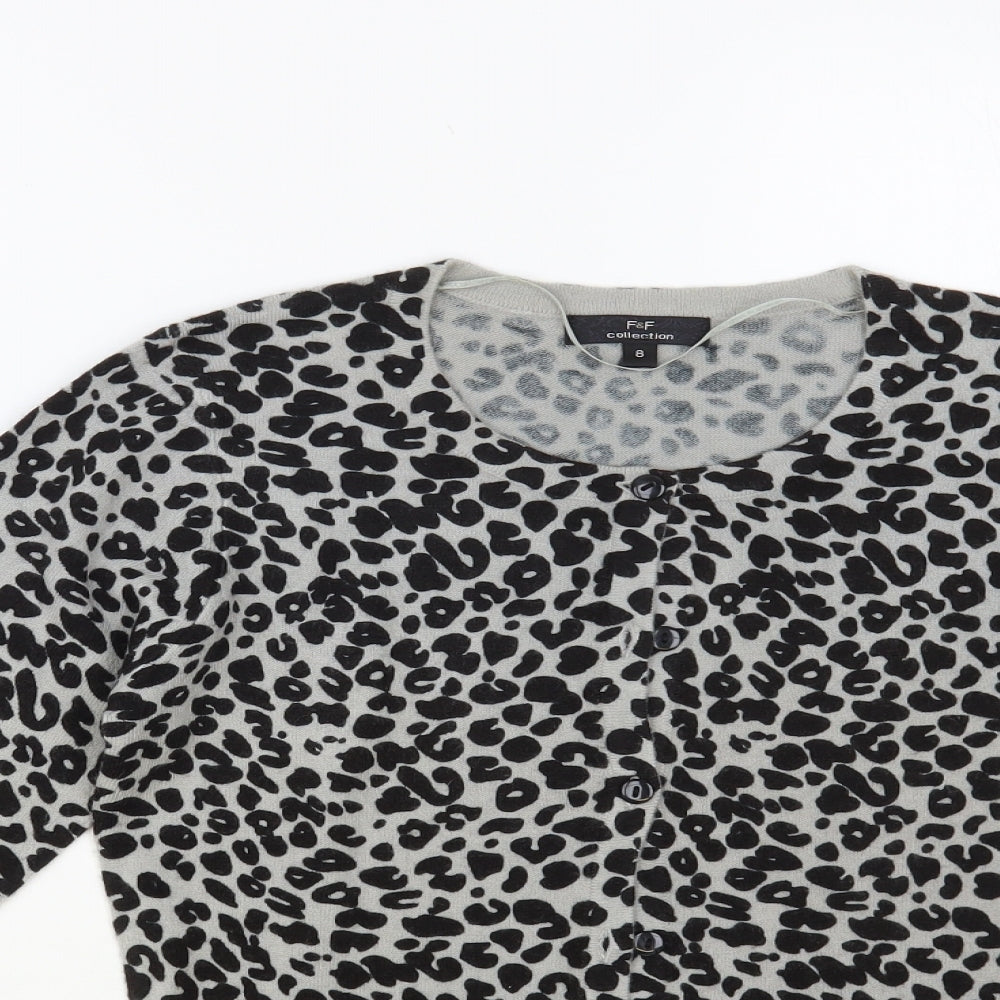 F&F Womens Black Round Neck Animal Print Acrylic Cardigan Jumper Size 8