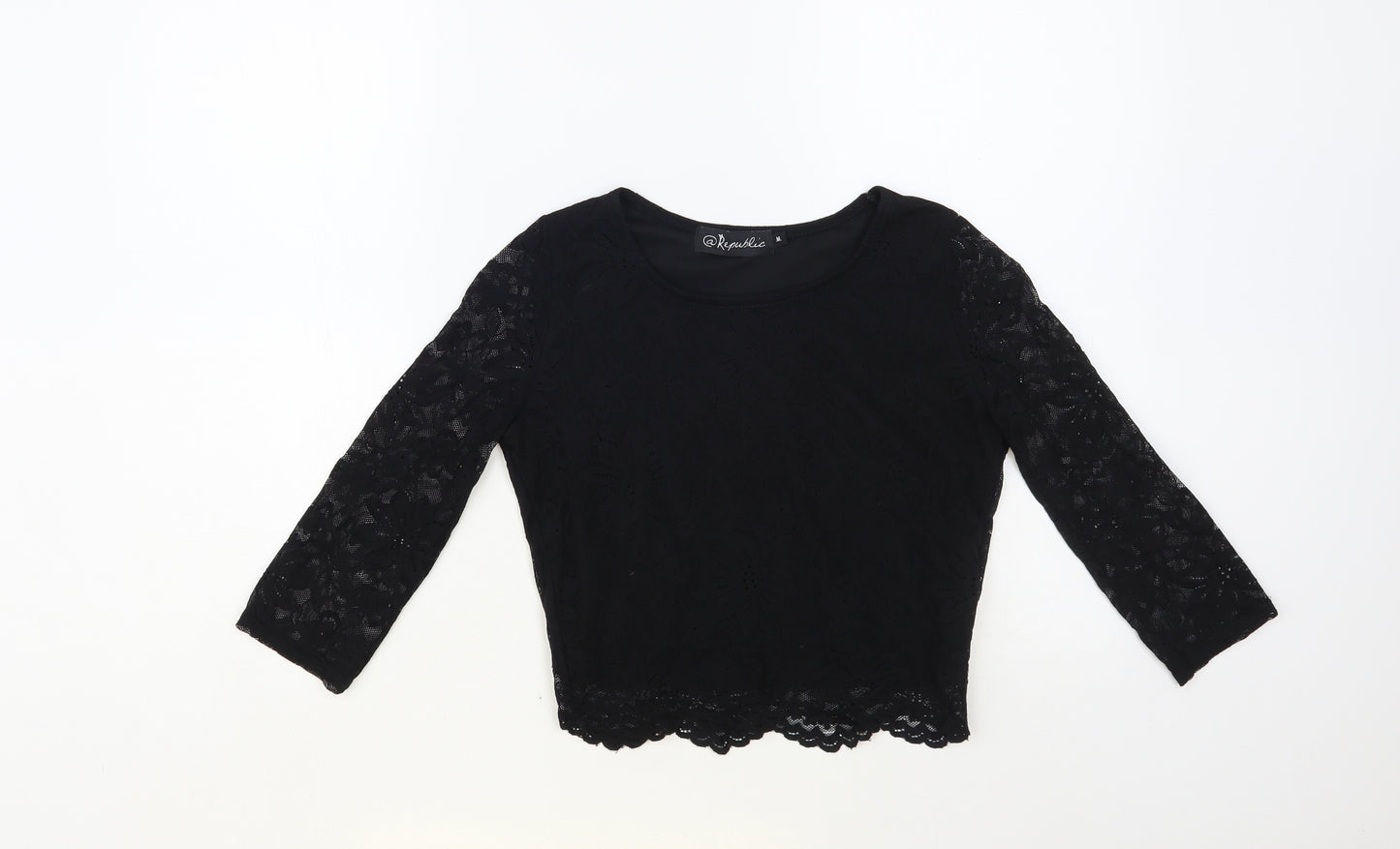 Republic Womens Black Floral Polyester Cropped Blouse Size M Round Neck