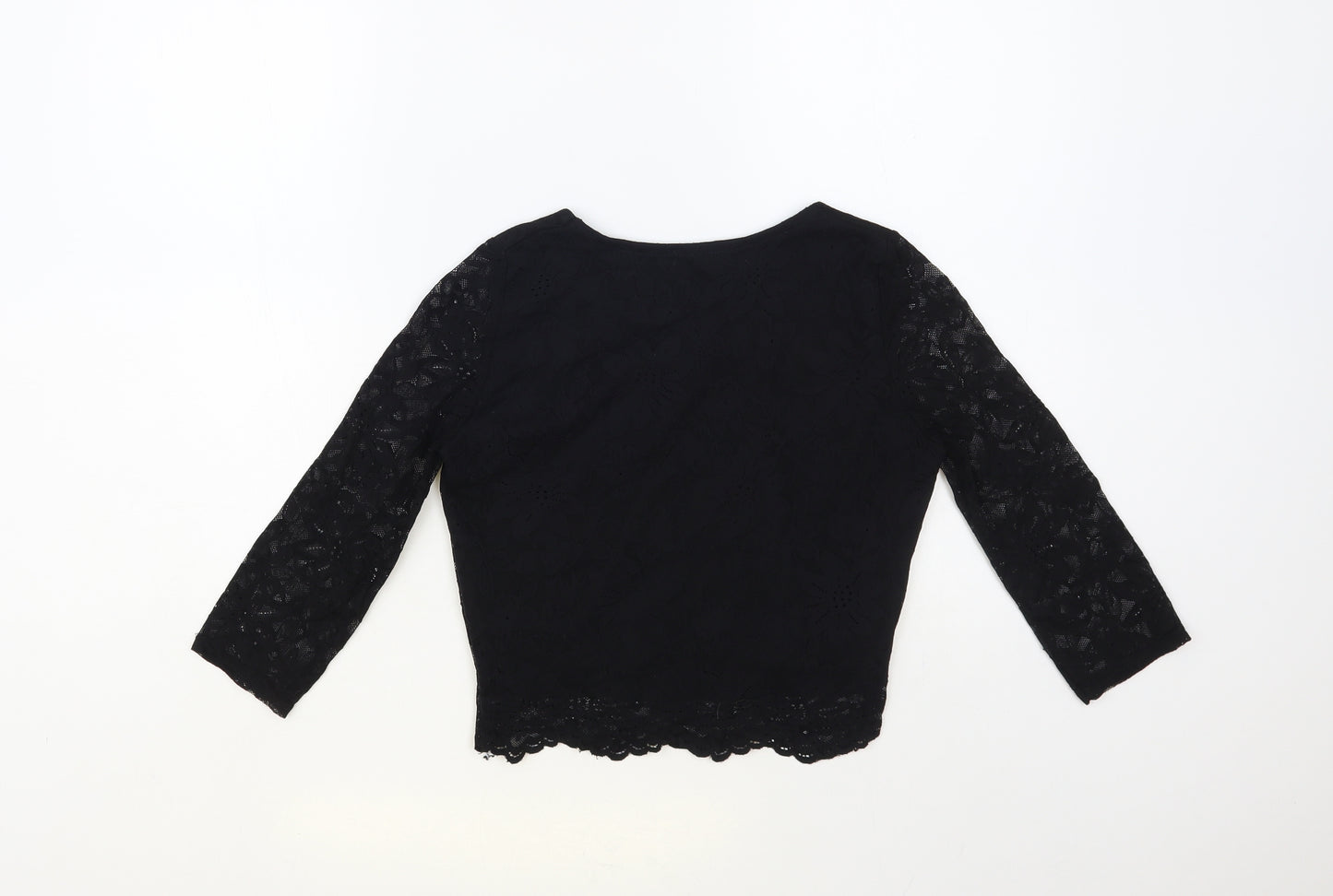 Republic Womens Black Floral Polyester Cropped Blouse Size M Round Neck