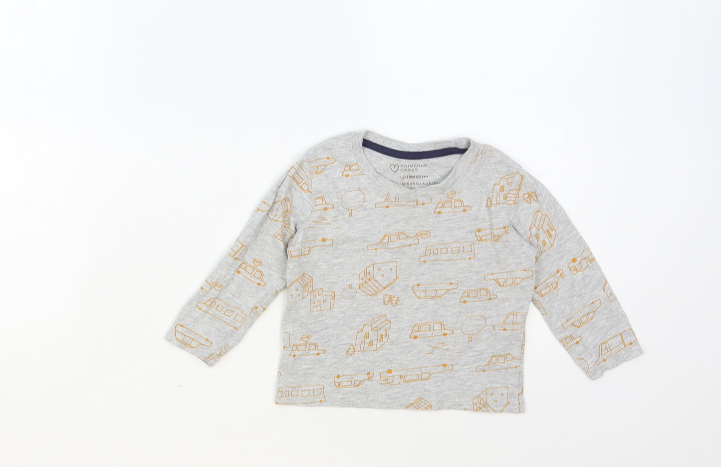 Primark Baby Grey Geometric Cotton Pullover T-Shirt Size 12-18 Months Crew Neck Pullover - Car Print