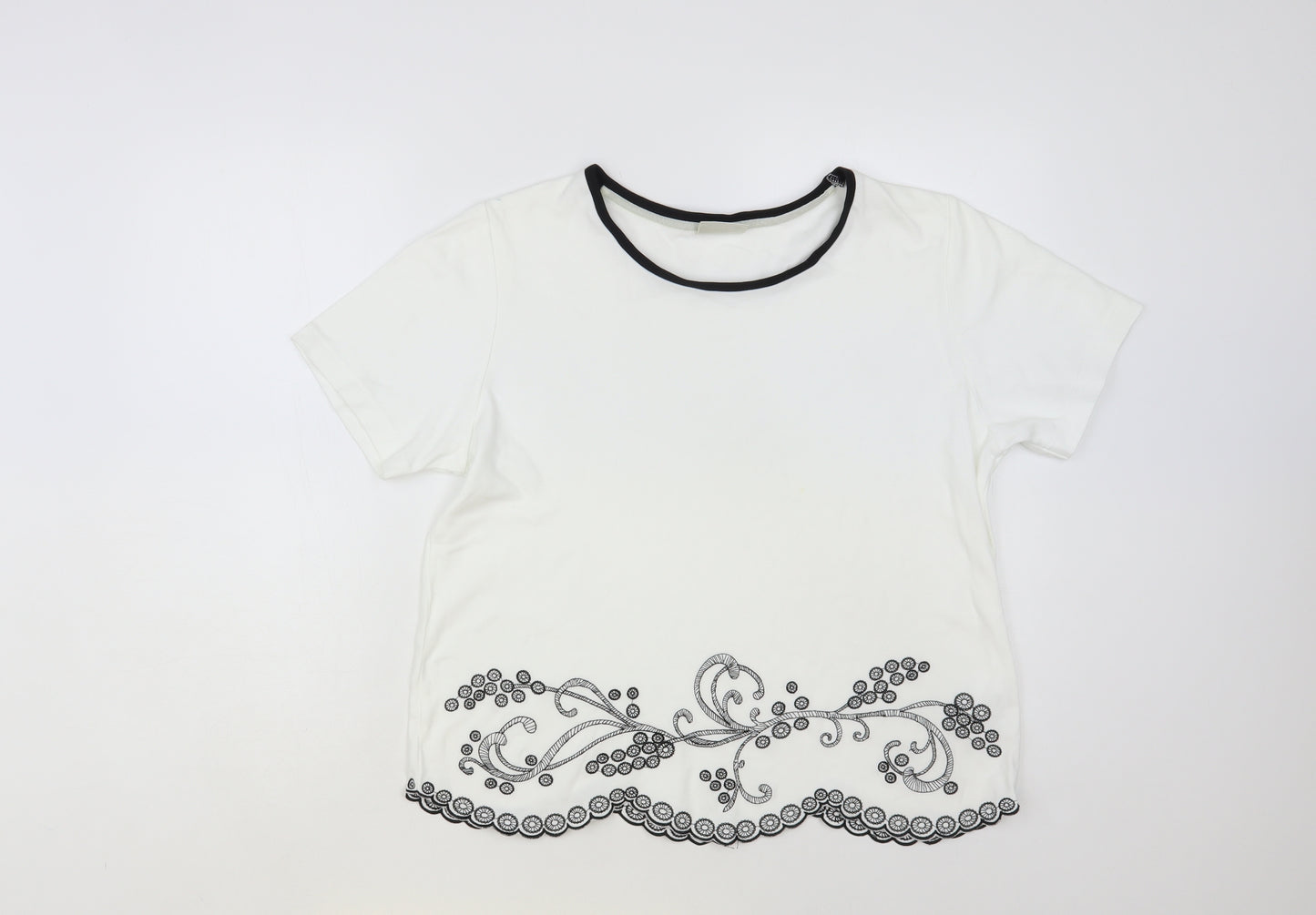 Jumper Womens White Floral Cotton Basic T-Shirt Size L Round Neck