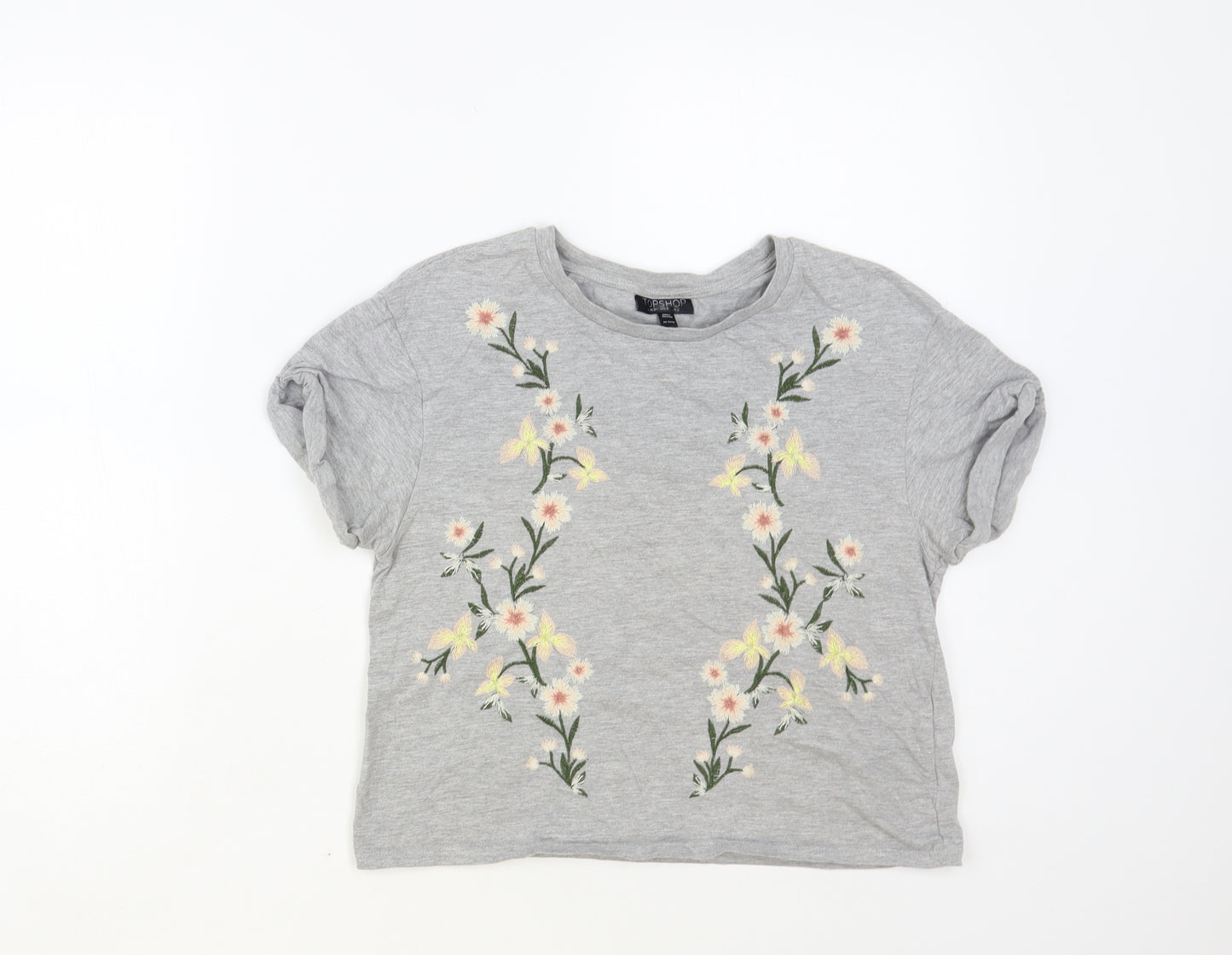 Topshop Womens Grey Floral Cotton Basic T-Shirt Size 8 Crew Neck