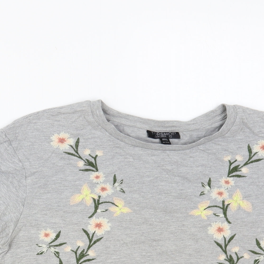 Topshop Womens Grey Floral Cotton Basic T-Shirt Size 8 Crew Neck