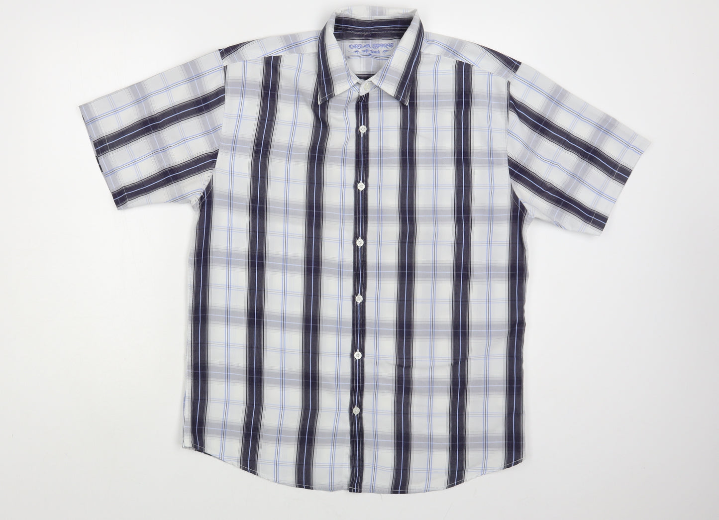 Urban Sprirt Mens Blue Plaid Polyester Button-Up Size M Collared Button