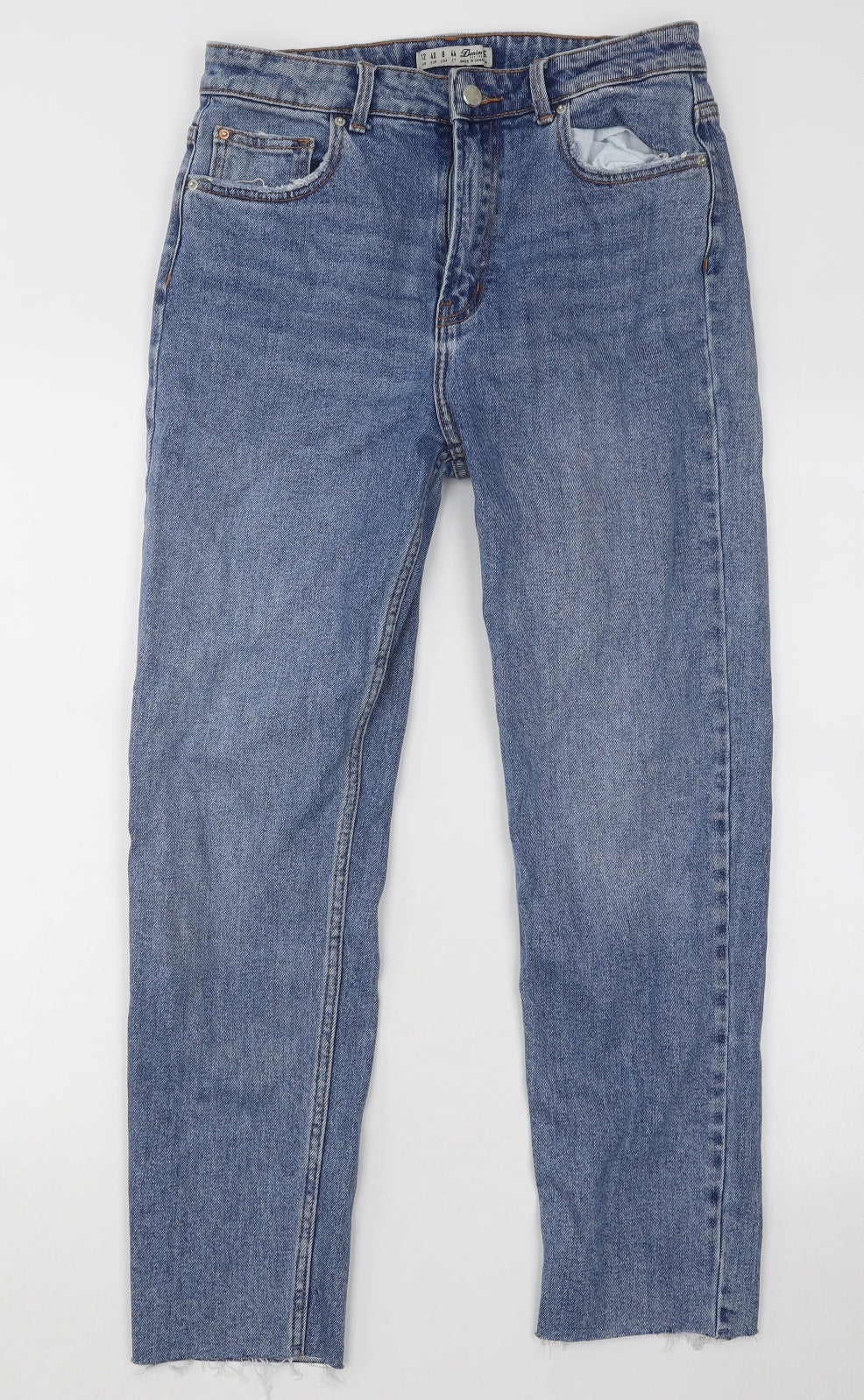 Primark Womens Blue Cotton Straight Jeans Size 12 L26 in Regular Button