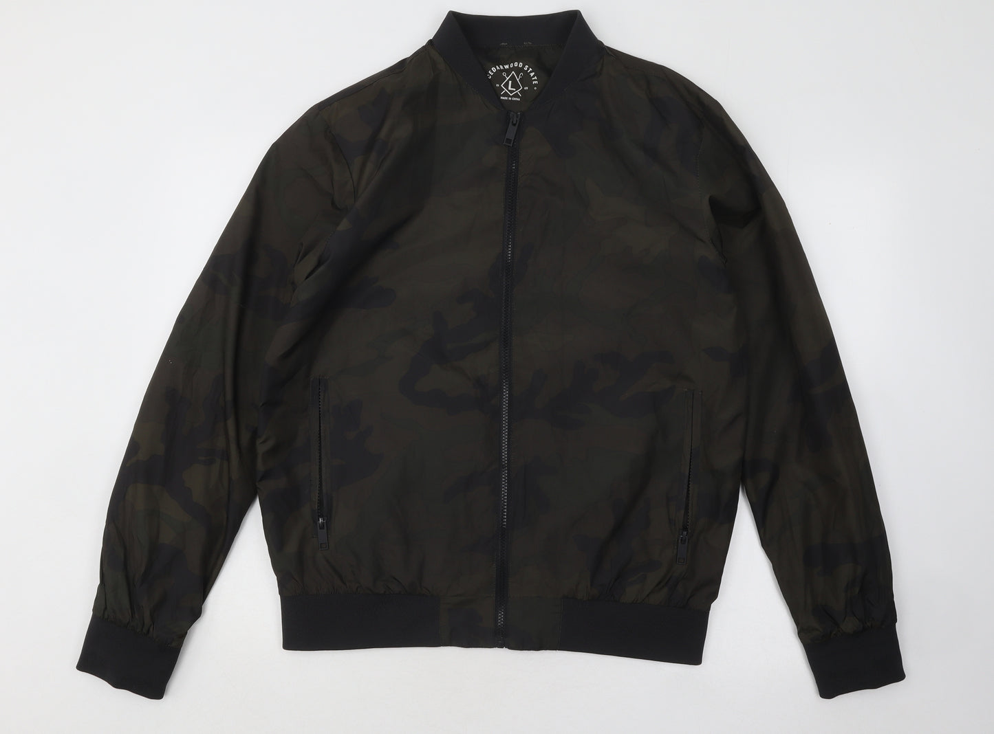 Cedar Wood State Mens Green Camouflage Bomber Jacket Jacket Size L Zip