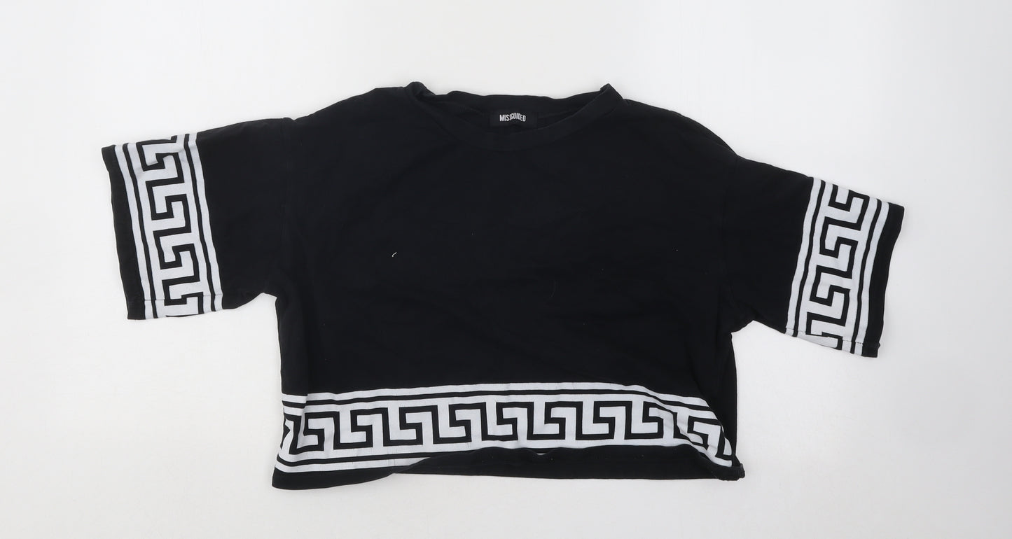Missguided Womens Black Geometric Cotton Basic T-Shirt Size 6 Round Neck - Cropped