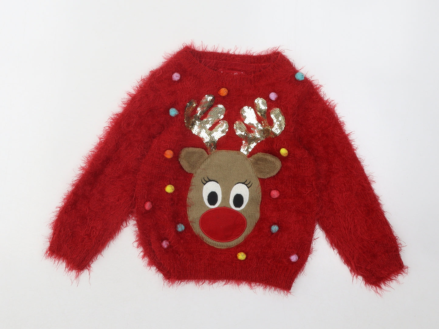 F&F Girls Red Round Neck Nylon Pullover Jumper Size 2-3 Years Pullover - Christmas Reindeer
