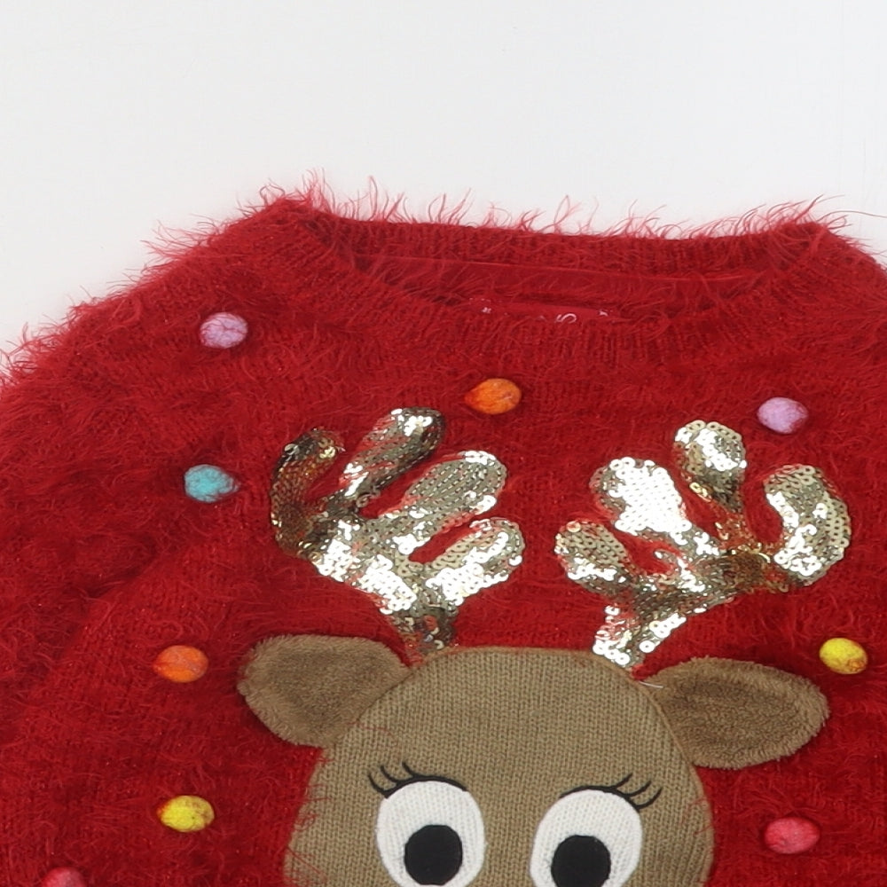 F&F Girls Red Round Neck Nylon Pullover Jumper Size 2-3 Years Pullover - Christmas Reindeer