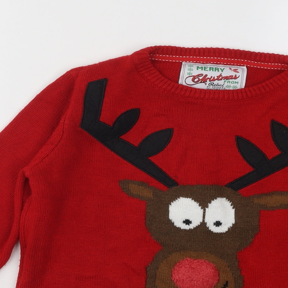 Primark Boys Red Round Neck Acrylic Pullover Jumper Size 10-11 Years Pullover - Christmas Reindeer