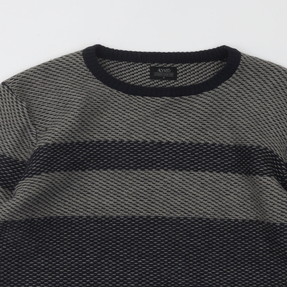 ACW85 Mens Grey Round Neck Geometric Acrylic Pullover Jumper Size S