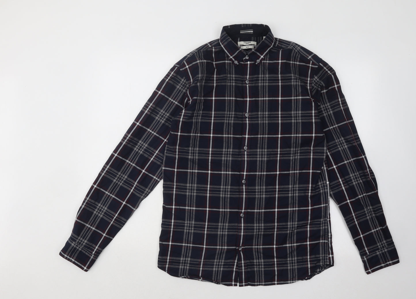 JACK & JONES Mens Blue Plaid Cotton Button-Up Size S Crew Neck Button