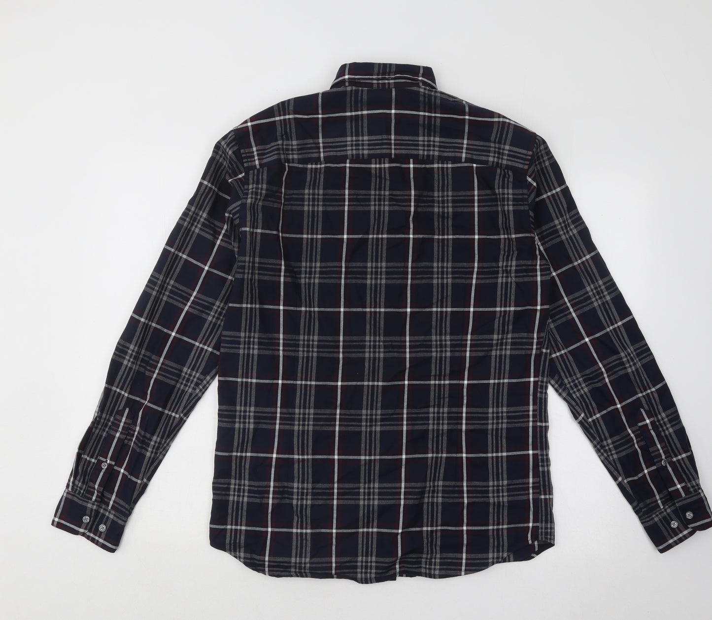 JACK & JONES Mens Blue Plaid Cotton Button-Up Size S Crew Neck Button