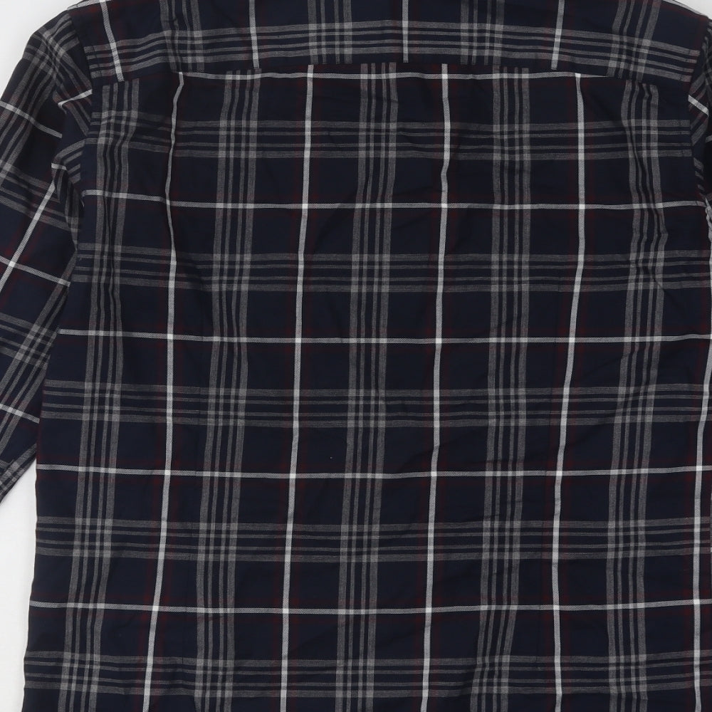 JACK & JONES Mens Blue Plaid Cotton Button-Up Size S Crew Neck Button
