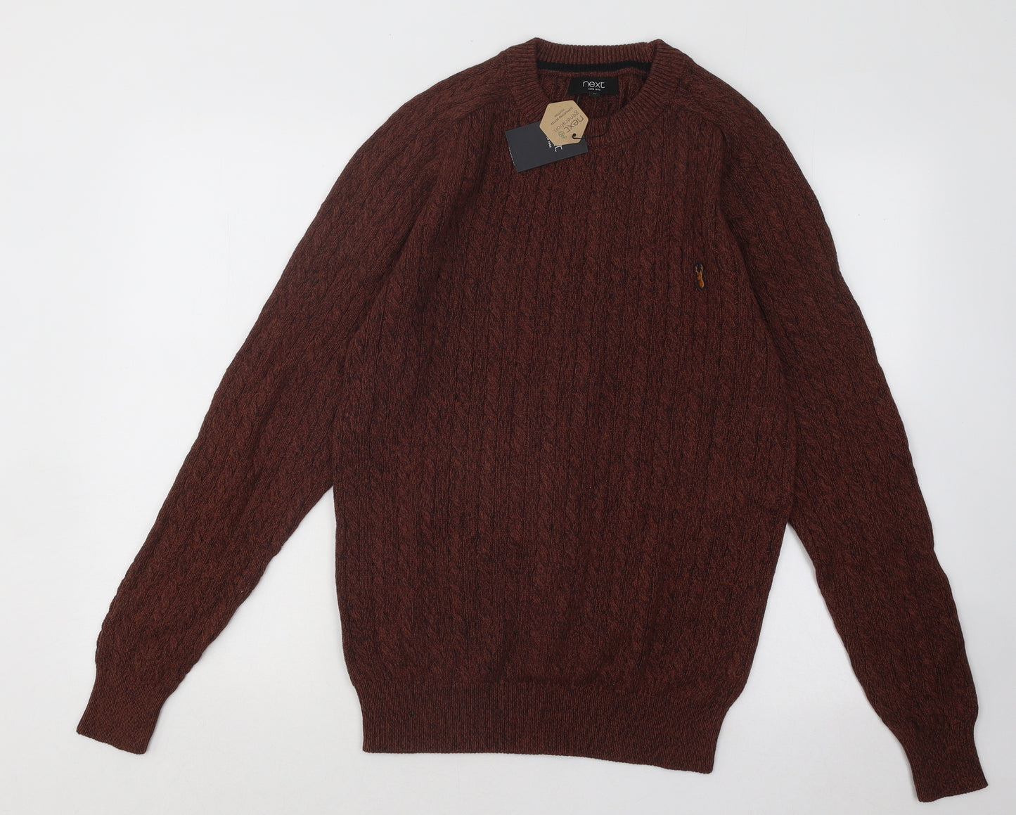 NEXT Mens Brown Round Neck Geometric Cotton Pullover Jumper Size M