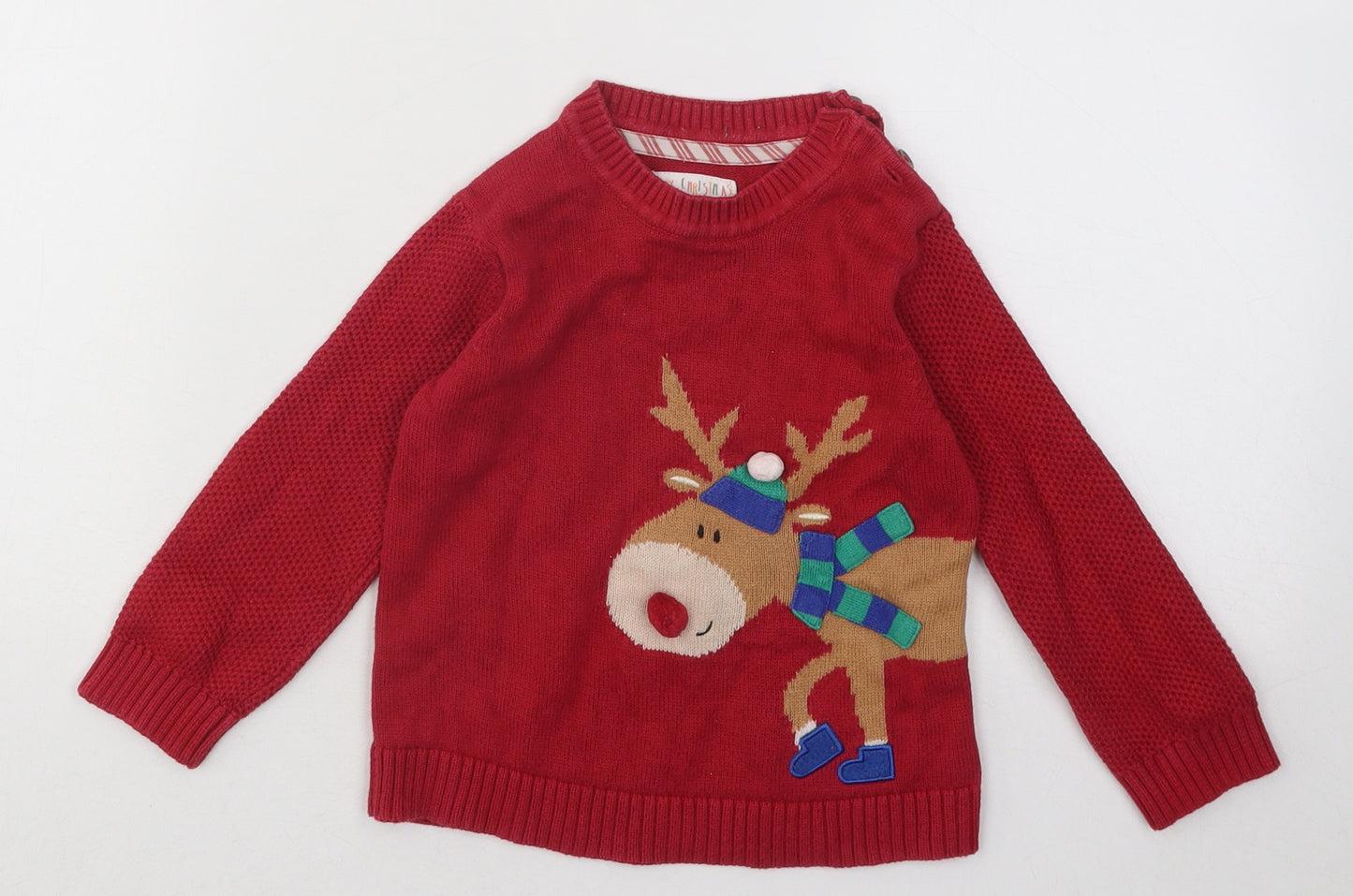 Mothercare Boys Red Cotton Pullover Jumper Size 18-24 Months Button - Christmas Reindeer