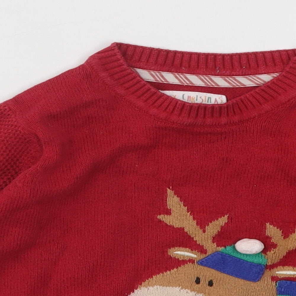 Mothercare Boys Red Cotton Pullover Jumper Size 18-24 Months Button - Christmas Reindeer