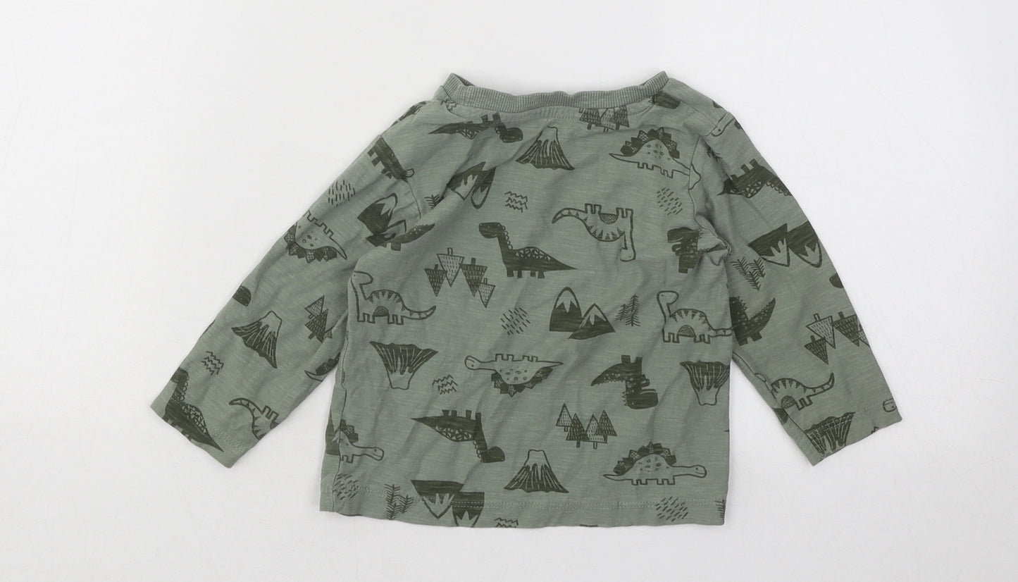 Matalan Boys Green Geometric Cotton Basic T-Shirt Size 9-12 Months Round Neck Pullover - Dinosaurs