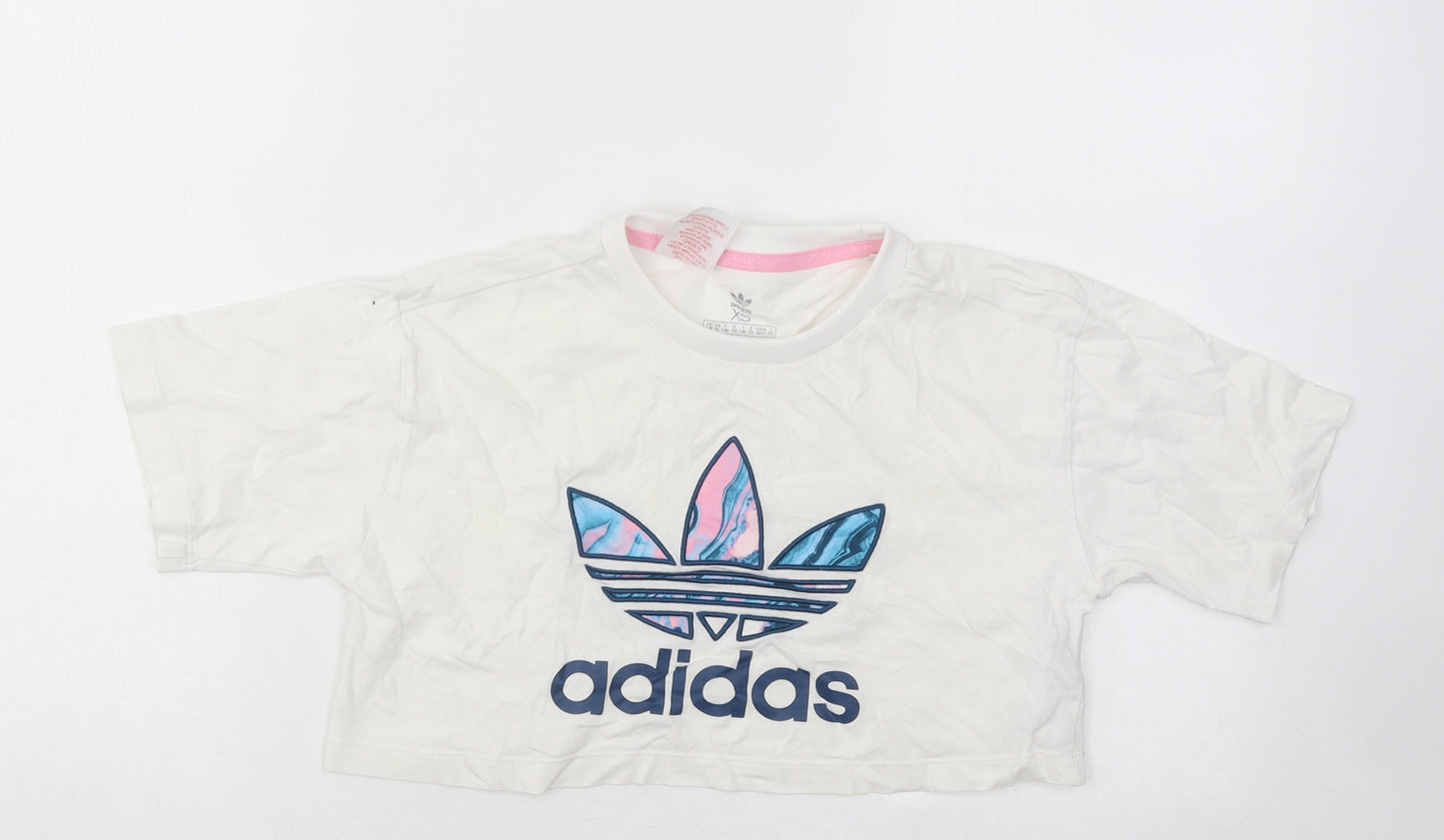 adidas Girls White Cotton Cropped T-Shirt Size 7-8 Years Round Neck Pullover