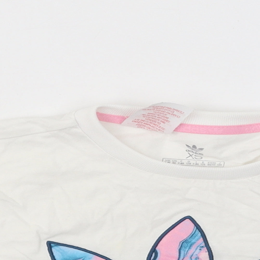 adidas Girls White Cotton Cropped T-Shirt Size 7-8 Years Round Neck Pullover