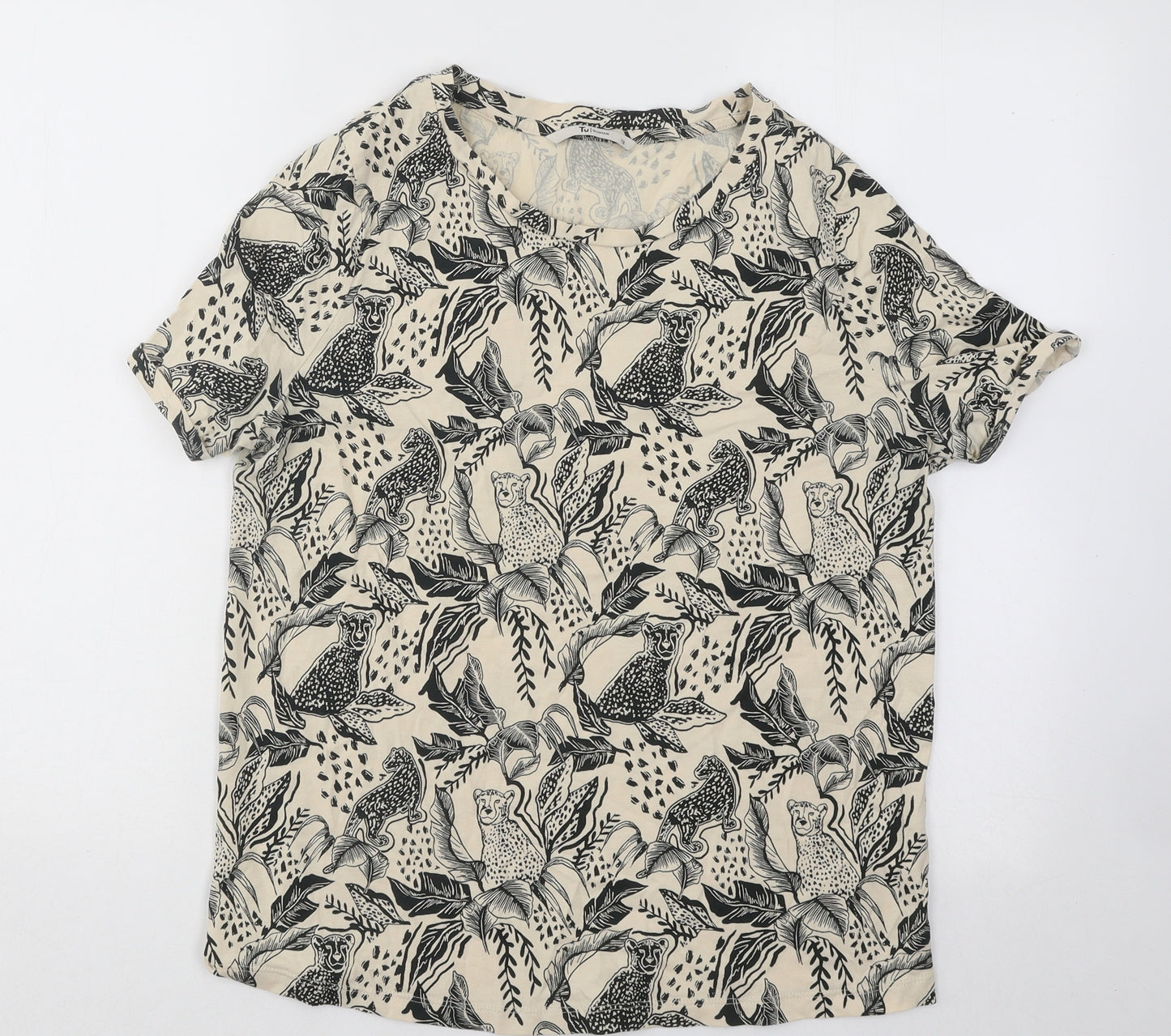 TU Womens Beige Geometric Cotton Basic T-Shirt Size 12 Round Neck - Jaguar Leaf Print