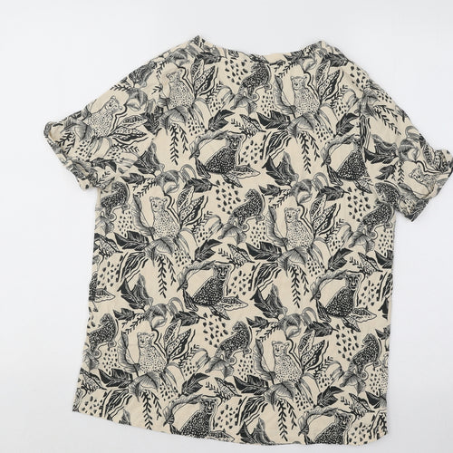 TU Womens Beige Geometric Cotton Basic T-Shirt Size 12 Round Neck - Jaguar Leaf Print