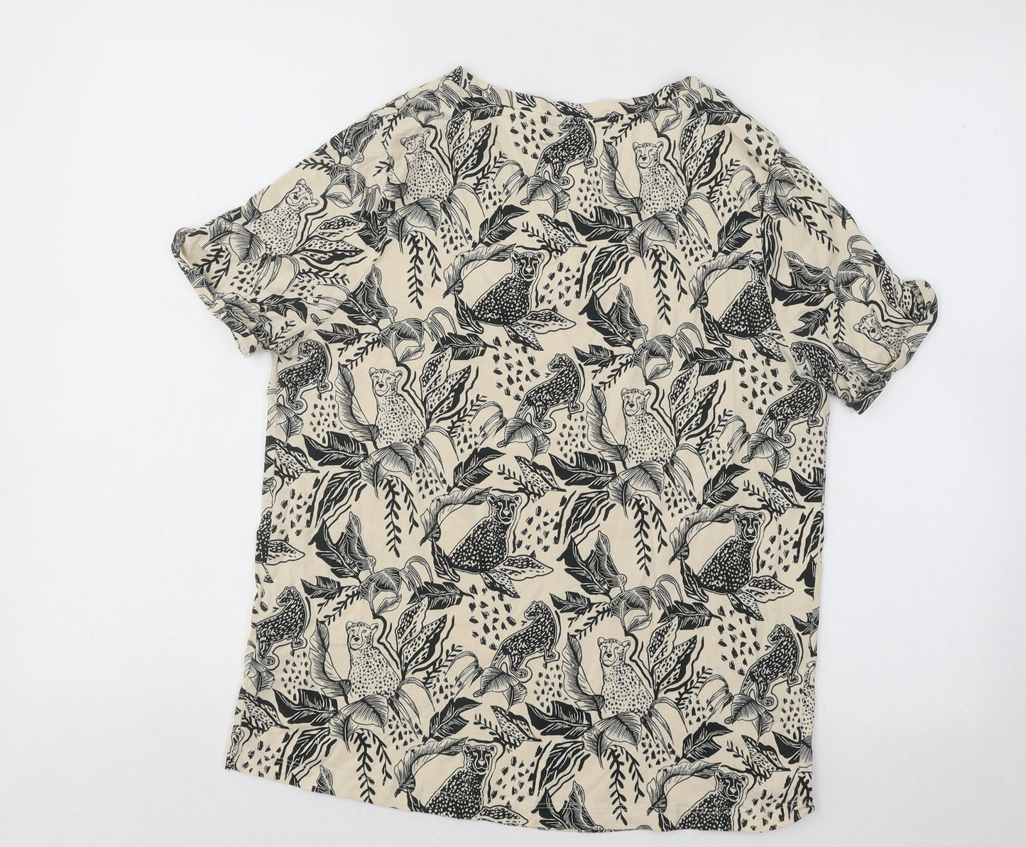 TU Womens Beige Geometric Cotton Basic T-Shirt Size 12 Round Neck - Jaguar Leaf Print